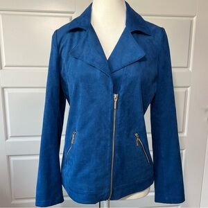 Chico's Size 0 Moto Jacket Faux Suede Blue Full Zip Pockets Collared US Size 4
